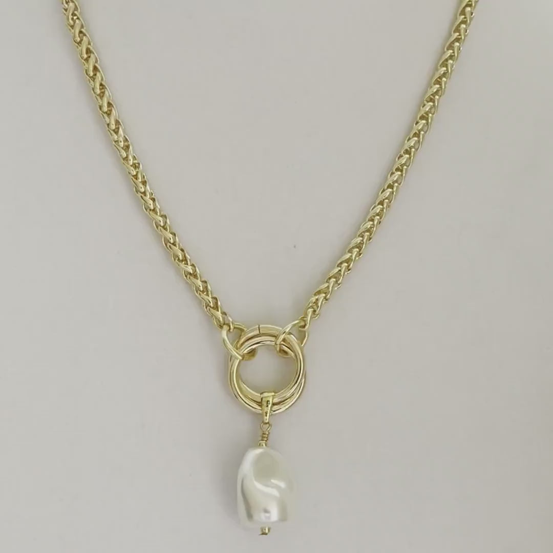 Gold Chunky Rope Necklace-Double Crossover Connector-Baroque Glass Pearl Replica Pendant-Lobster Clasp-Wheat Chain-Gift For Her