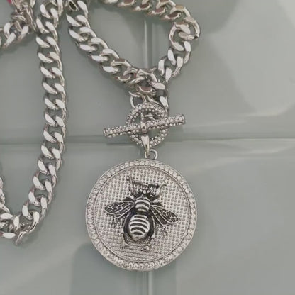 Chunky Silver Cuban Link Necklace-Bumble Bee Pendant-CZ Bezel Pendant-CZ Toggle Clasp-Gift For Her-Statement Jewelry