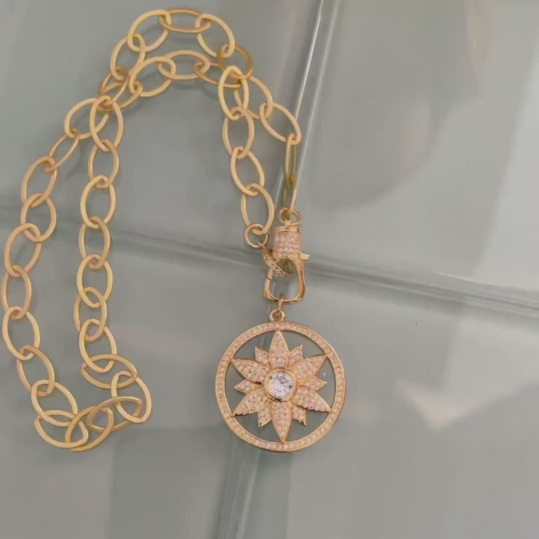 Gold Necklace-Flower Pendant-Spring Clasp Necklace-Matte Gold Lariat Necklace-Gift for Her