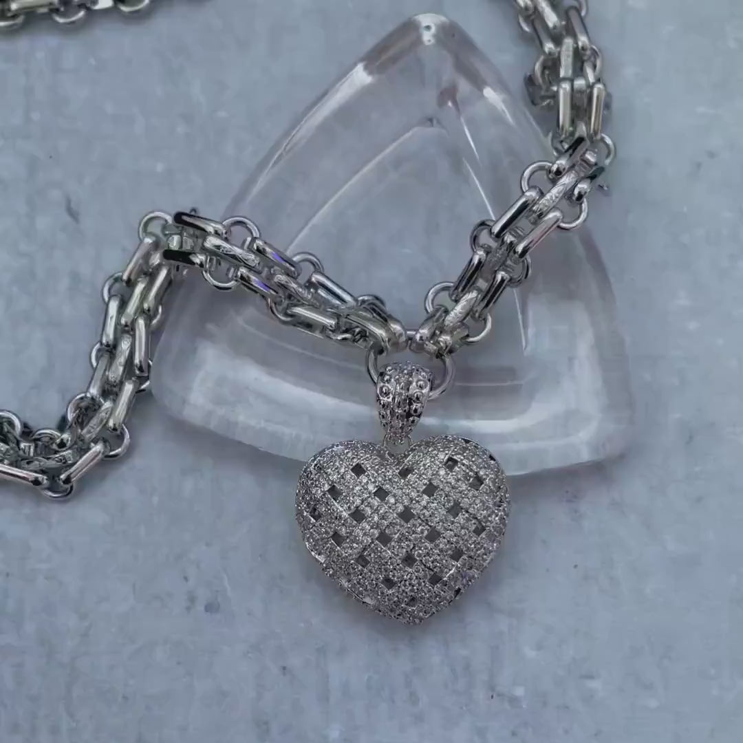 Silver Chunky Heart Necklace – Multi Link Chain with a Trellis Design & Micro Pave Pendant-Gift For Her