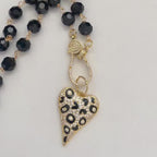 Long 32in Black Crystal Bead Necklace With Gold Animal Print Heart Pendant- Gold Micro Pave Clasp