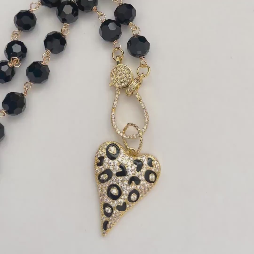 Long 32in Black Crystal Bead Necklace With Gold Animal Print Heart Pendant- Gold Micro Pave Clasp