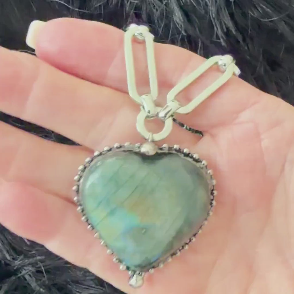 Heart Shaped Pendant -Natural Labradorite Stone Pendant-Silver Specialty Chain-Lobster Clasp