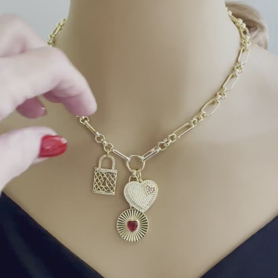 Gold Charm Necklace: CZ Heart, Sundial & Lock Pendants
