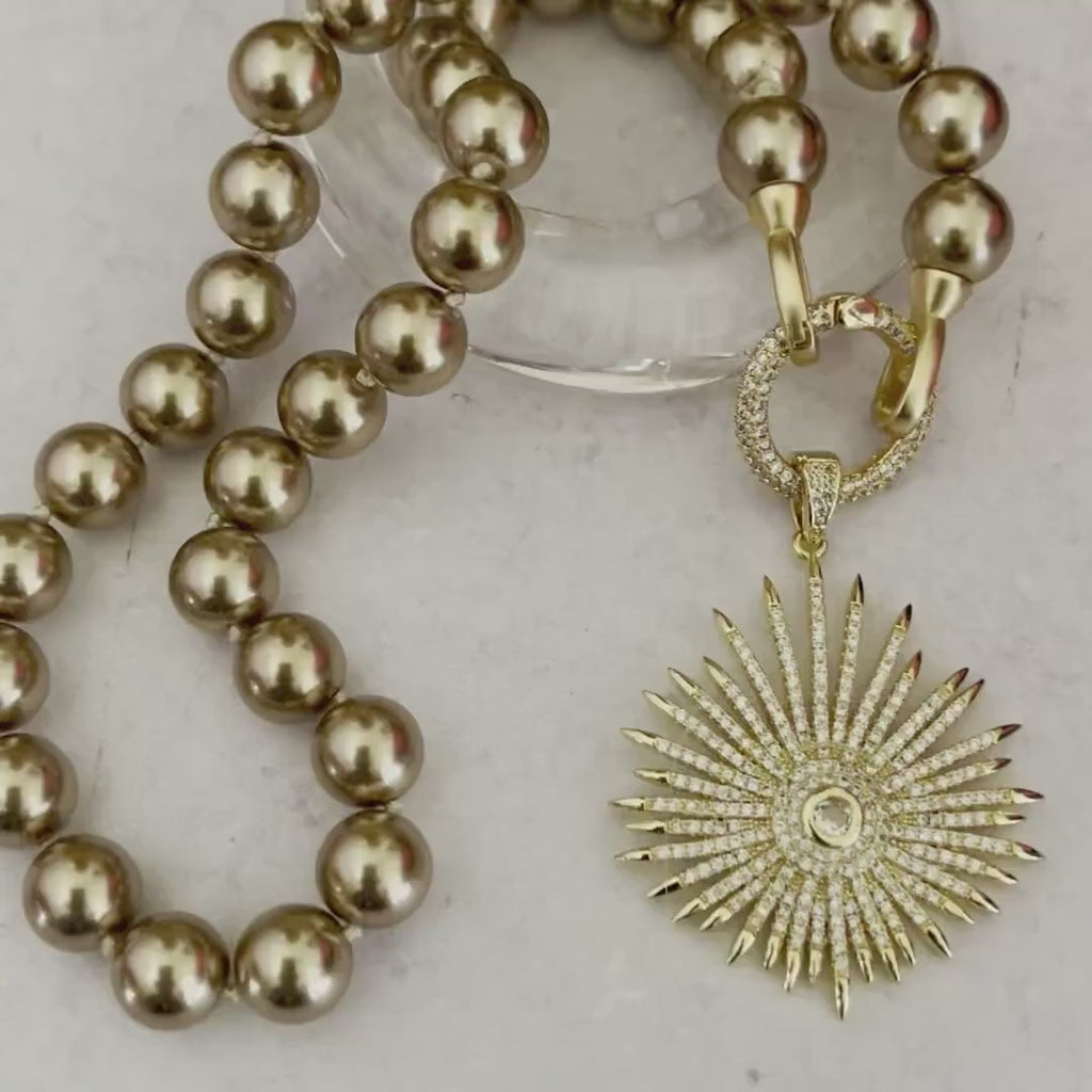 Hand Knotted Bronze Pearl Necklace – Gold Micro Pave Sunburst Pendant
