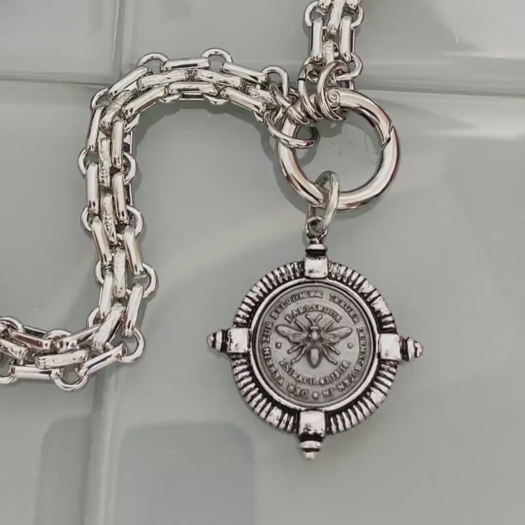 Chunky Silver Chain Necklace, French Bee Coin Pendant, Art Deco Style