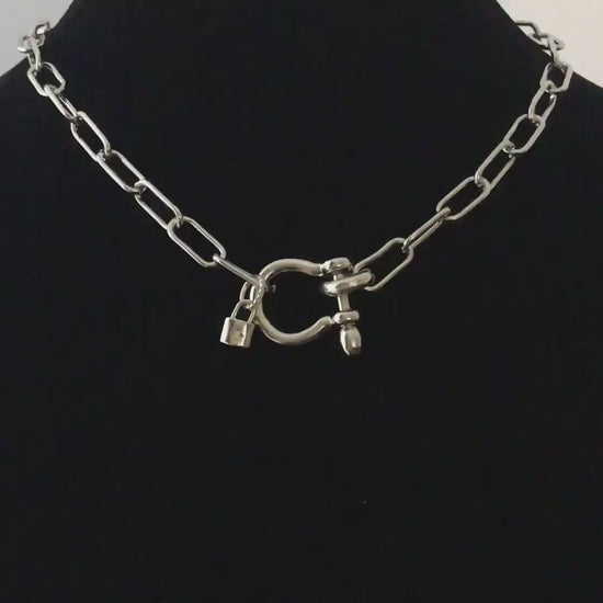 Carabiner Chain Necklace-Choker Necklace-Clasp Chain Necklace-Silver Cable Necklace-Silver Shackle Necklace-Shackle Jewelry-Padlock Charm