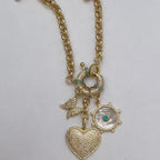 Gold Multi Charm Necklace-Rolo Chain-CZ Turquoise Mariner Clasp-Gold and Turquoise Mother Of Pearl Charm-CZ Heart Pendant-Butterfly Charm