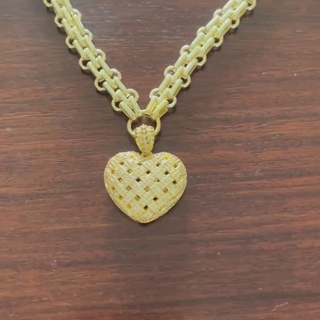Gold Chunky Multilink Chain Necklace-Trellis Design Heart Pendant-Micro Pave Pendant-Gold Textured Chain Necklace-Lobster Clasp-Gift For Her