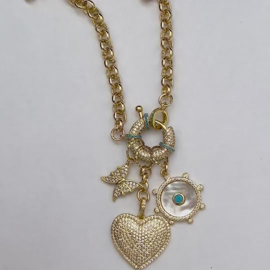 Gold Charm Necklace: CZ, Turquoise, Mother of Pearl Charms