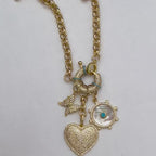Gold Charm Necklace: CZ, Turquoise, Mother of Pearl Charms