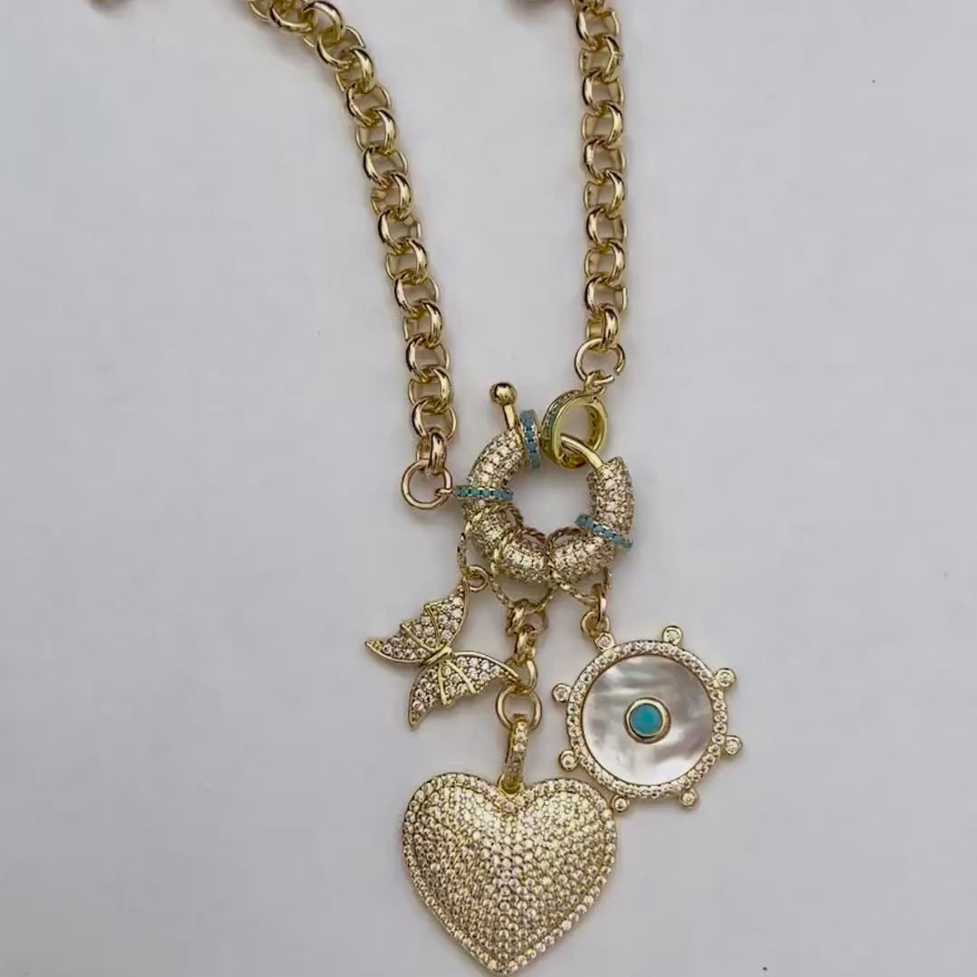 Gold Charm Necklace: CZ, Turquoise, Mother of Pearl Charms