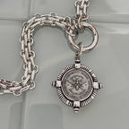 Silver Chunky Chain Necklace, French Bee Coin Pendant, Art Deco Style