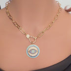 Pave Turquoise Evil Eye Pendant Necklace, Gold Paperclip Chain