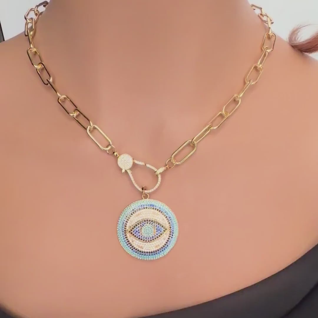 Pave Turquoise Evil Eye Pendant Necklace, Gold Paperclip Chain