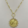 Gold Coin Necklace-Gold Multi-Link Chain- Reproduction Morgan Peace Dollar Coin- Cubic Zirconia Bezel -Spring Lock Clasp-Gift For Her