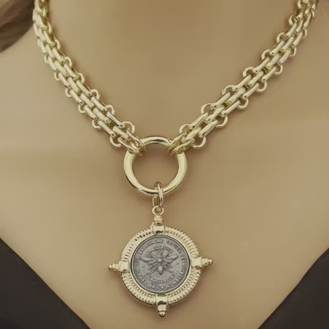 Gold Chunky Chain Necklace, French Bee Coin Pendant, Art Deco Style