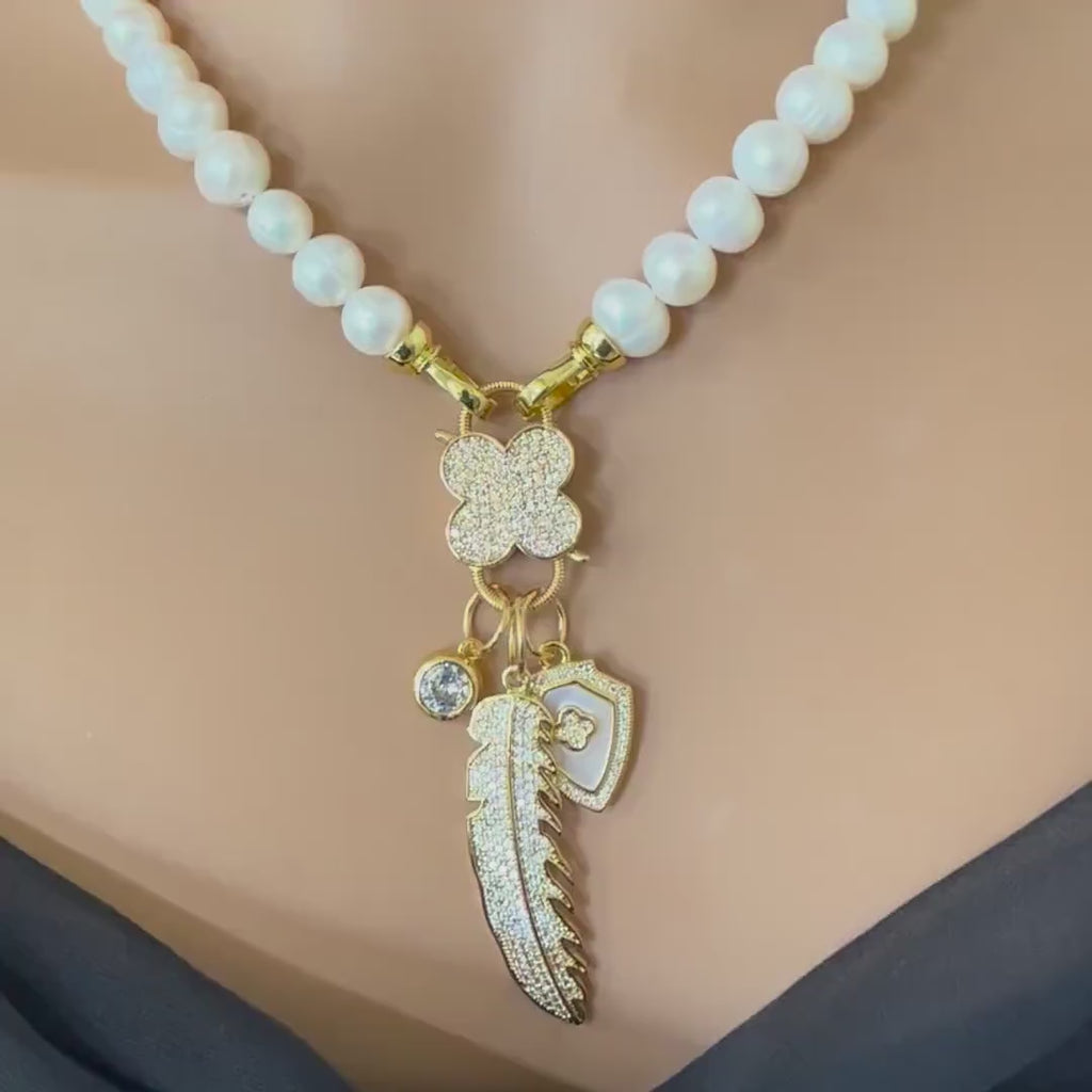 Fresh Water Pearl Necklace-CZ Flower Clasp- Micro Pave Multi Charm Necklace-Fold Over Snap Clasps-16ins-18ins-20ins-Gift For Her