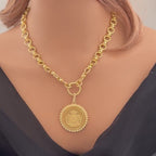 Chunky Gold Chain Necklace -Gold Shield Coin Pendant With Pearl Bezel-Handmade