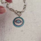 Silver Carabiner Chain Necklace-Pave Turquoise Evil Eye Pendant-Lobster Clasp Chain Jewelry-Stylish Chain Necklace-Paperclip Link Chain
