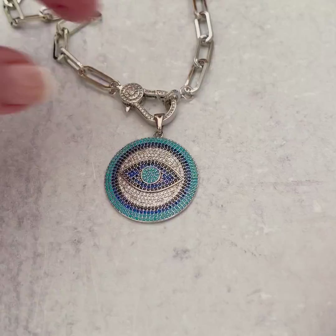 Silver Carabiner Chain Necklace-Pave Turquoise Evil Eye Pendant-Lobster Clasp Chain Jewelry-Stylish Chain Necklace-Paperclip Link Chain