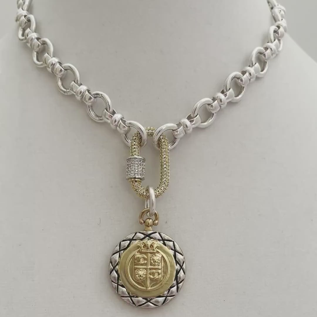Silver Chain Necklace – French Coin Pendant, Micro Pave Carabiner Clasp