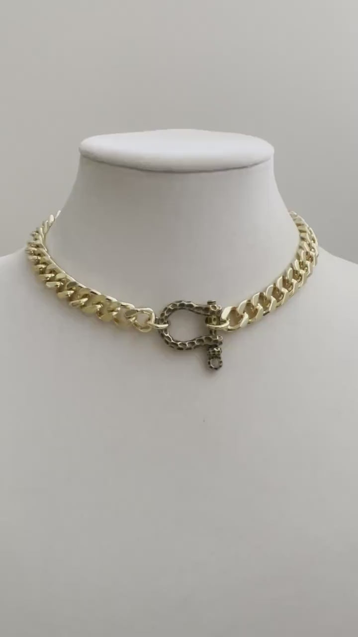 Gold Miami Cuban Necklace-Thick Chunky Chain-Hammered Brass Shackle-Curb Chain-Statement Necklace