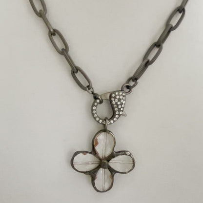 Gunmetal Cable Chain Necklace-Faceted Crystal Flower Cross Pendant