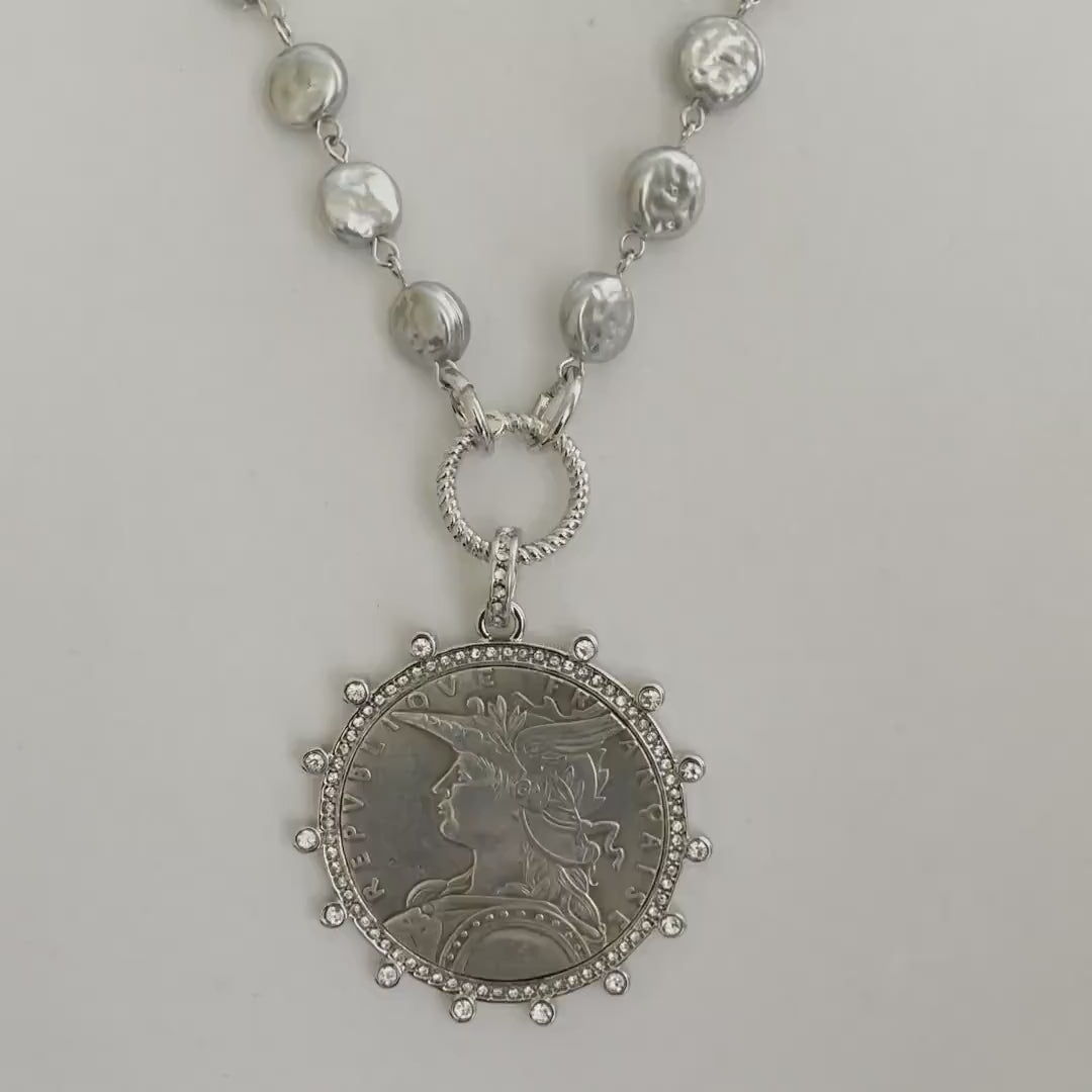 Silver Reproduction French Coin Necklace-Porcelain Glass Grey Coin Shape Pearl Chain-Cubic Zirconia Bezel Coin-Rope Design Spring Lock Clasp