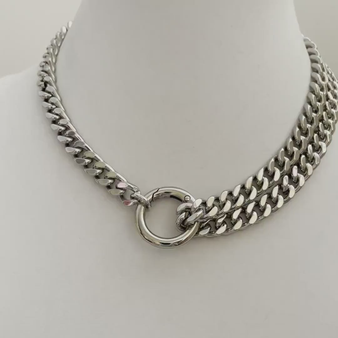 Chunky Silver Miami Cuban Chain Necklace-Thick Chunky Chain-Double Layer Cuban Chain-Round Spring Lock Clasp-Unique Design-Gift For Her