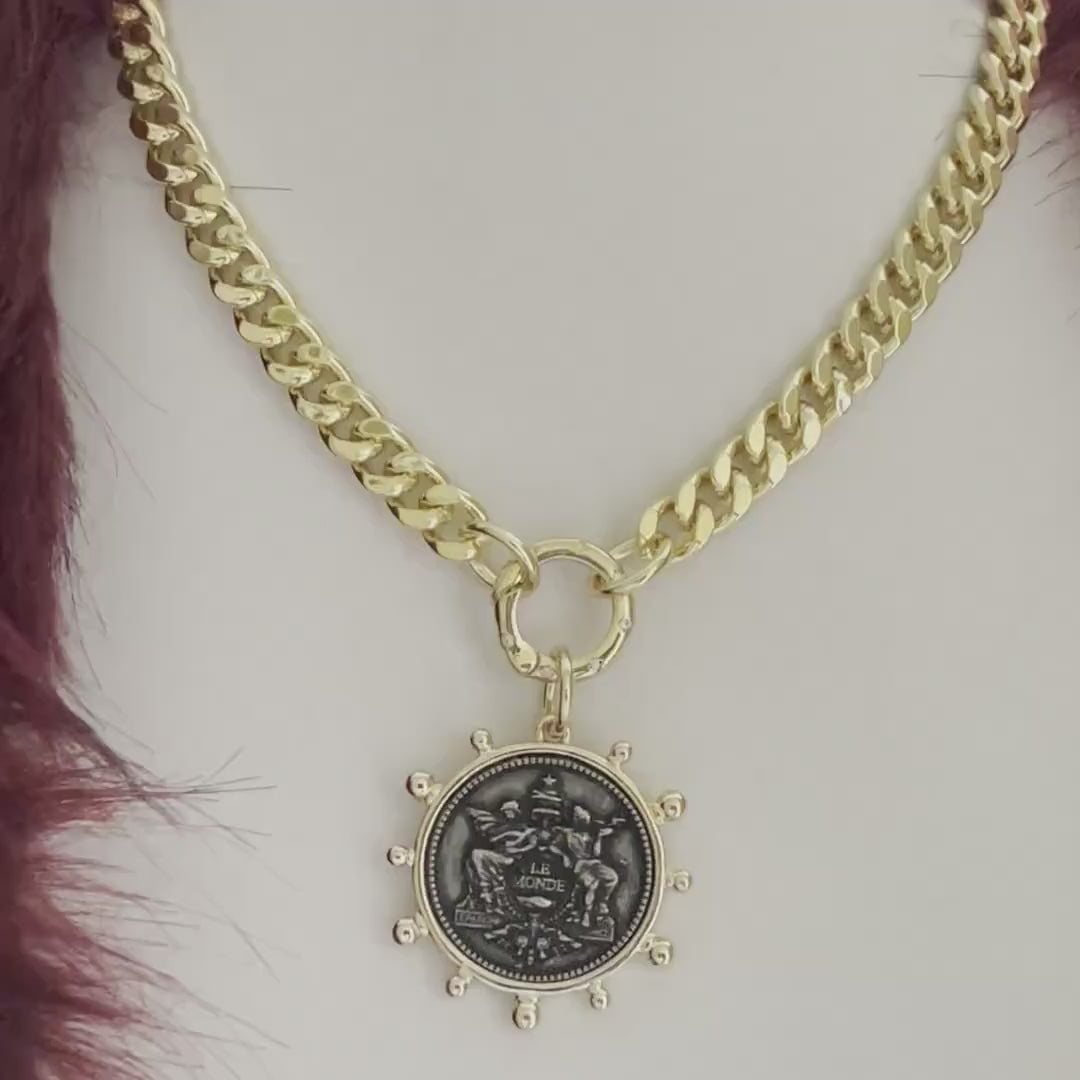 Gold Chunky Miami Cuban Chain Necklace-French Le Monde Replica Coin-Spiked Gold Bezel -Burnished Silver Coin Pendant-CZ Spring Lock Clasp