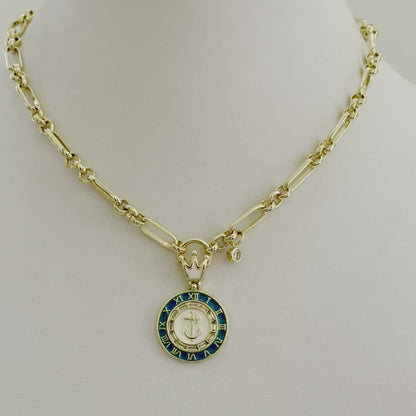 Gold Chain Necklace-Nautical Crown Charm-Turquoise Enamel Charm