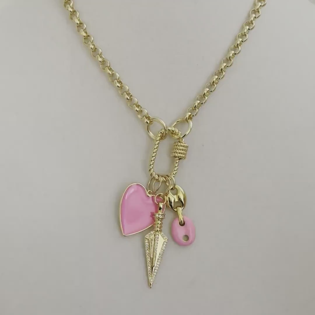 Gold Rolo Chain Necklace-Multiple Charm Necklace-Gold CZ Arrow Charm-Pink Enamel Heart Pendant-Carabiner Screw Clasp-Layering Chain Necklace