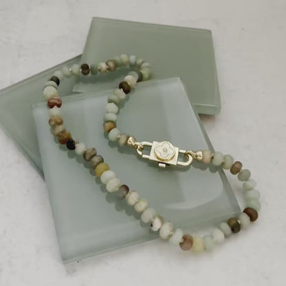 Hand Knotted Rondelle Amazonite Bead Necklace-Gold Mother of Pearl Clover- Double Slide Clasp-Unique Jewelry-Semi Pecious Beads-17.5in Long