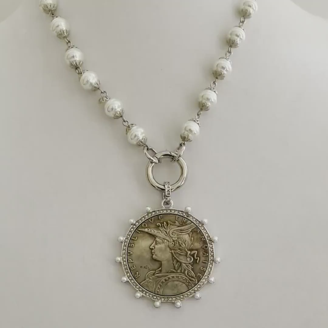 Silver Vintage Coin Necklace-Porcelain Pearl Chain Necklace-Reproduction Coin Pendant-Pearl and Cubic Zirconia Bezel Coin-Spring Lock Clasp