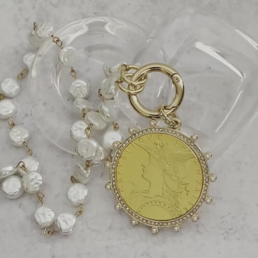 Gold Reproduction French Coin Necklace-Porcelain Glass Coin Shape Pearl Chain-Cubic Zirconia and Pearl Bezel Coin-Spring Lock Clasp