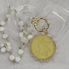 Gold Reproduction French Coin Necklace-Porcelain Glass Coin Shape Pearl Chain-Cubic Zirconia and Pearl Bezel Coin-Spring Lock Clasp