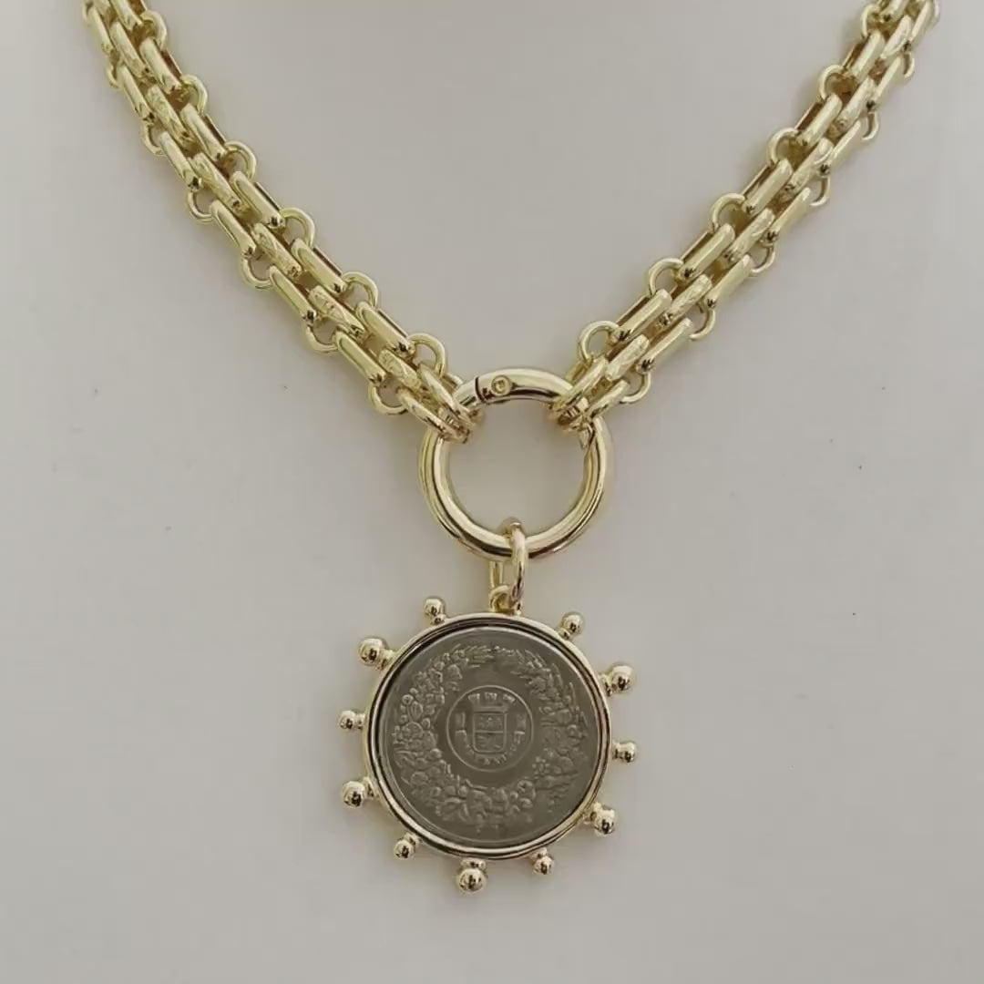 Gold Chunky Multilink Chain Necklace-French Coin Pendant-Replica Coin