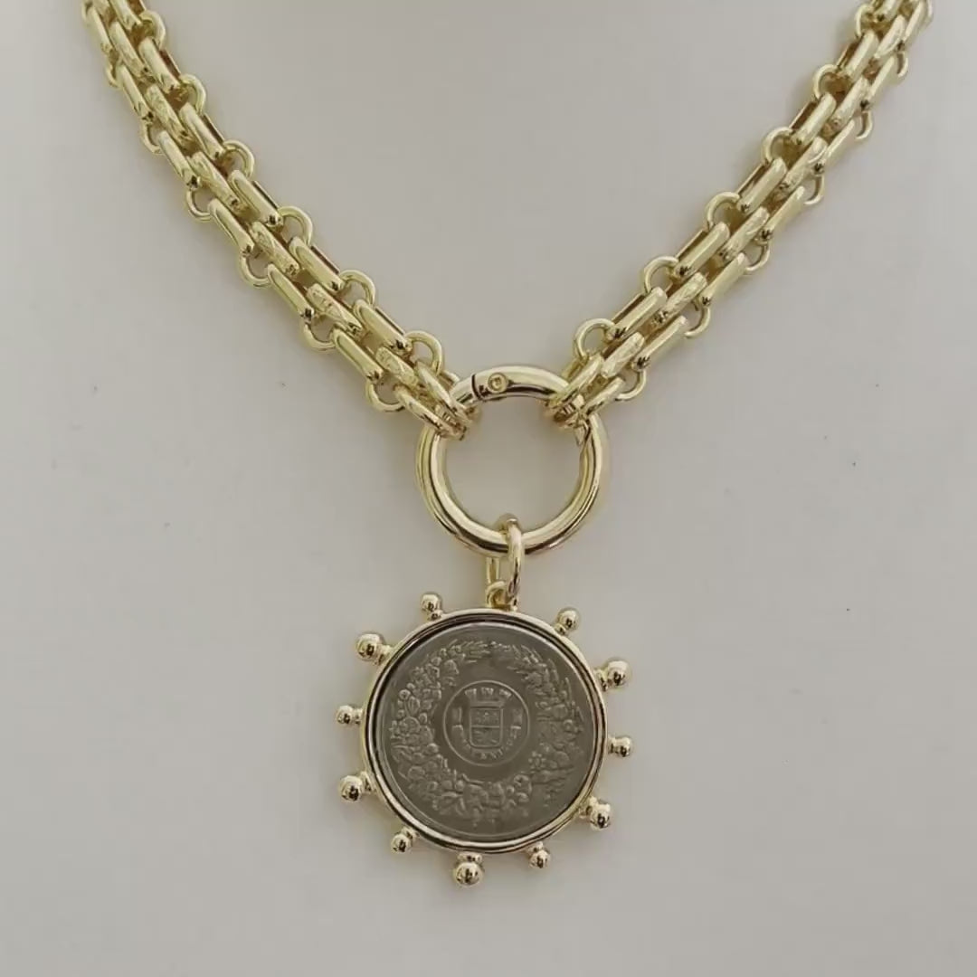 Gold Chunky Multilink Chain Necklace-French Coin Pendant-Replica Coin with Bezel, Art Deco Coin- Gold Textured Chain Necklace-Spring Clasp