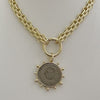 Gold Chunky Multilink Chain Necklace-French Coin Pendant-Replica Coin with Bezel, Art Deco Coin- Gold Textured Chain Necklace-Spring Clasp
