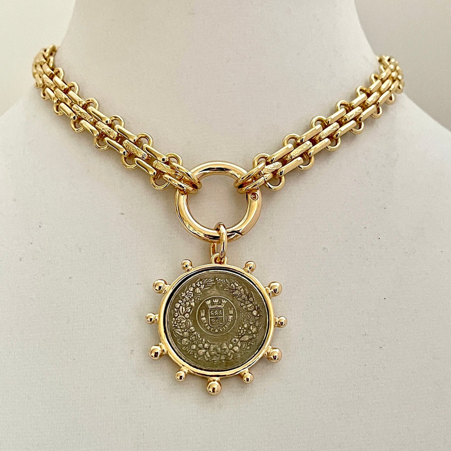 Gold Chunky Multilink Chain Necklace-French Coin Pendant-Replica Coin