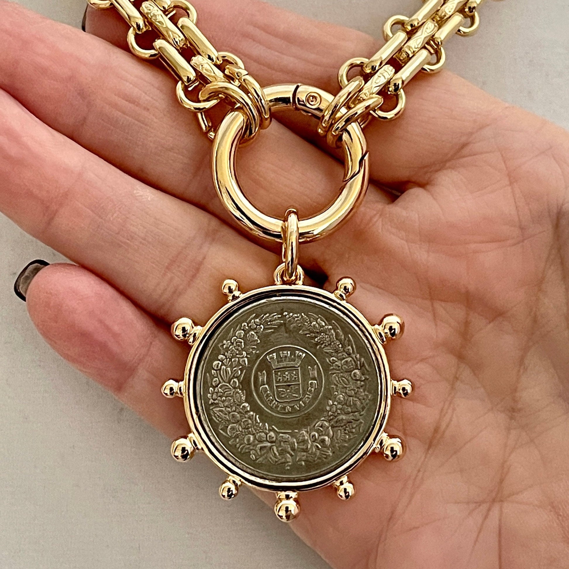 Gold Chunky Multilink Chain Necklace-French Coin Pendant-Replica Coin