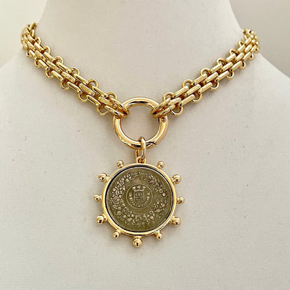 Gold Chunky Multilink Chain Necklace-French Coin Pendant-Replica Coin