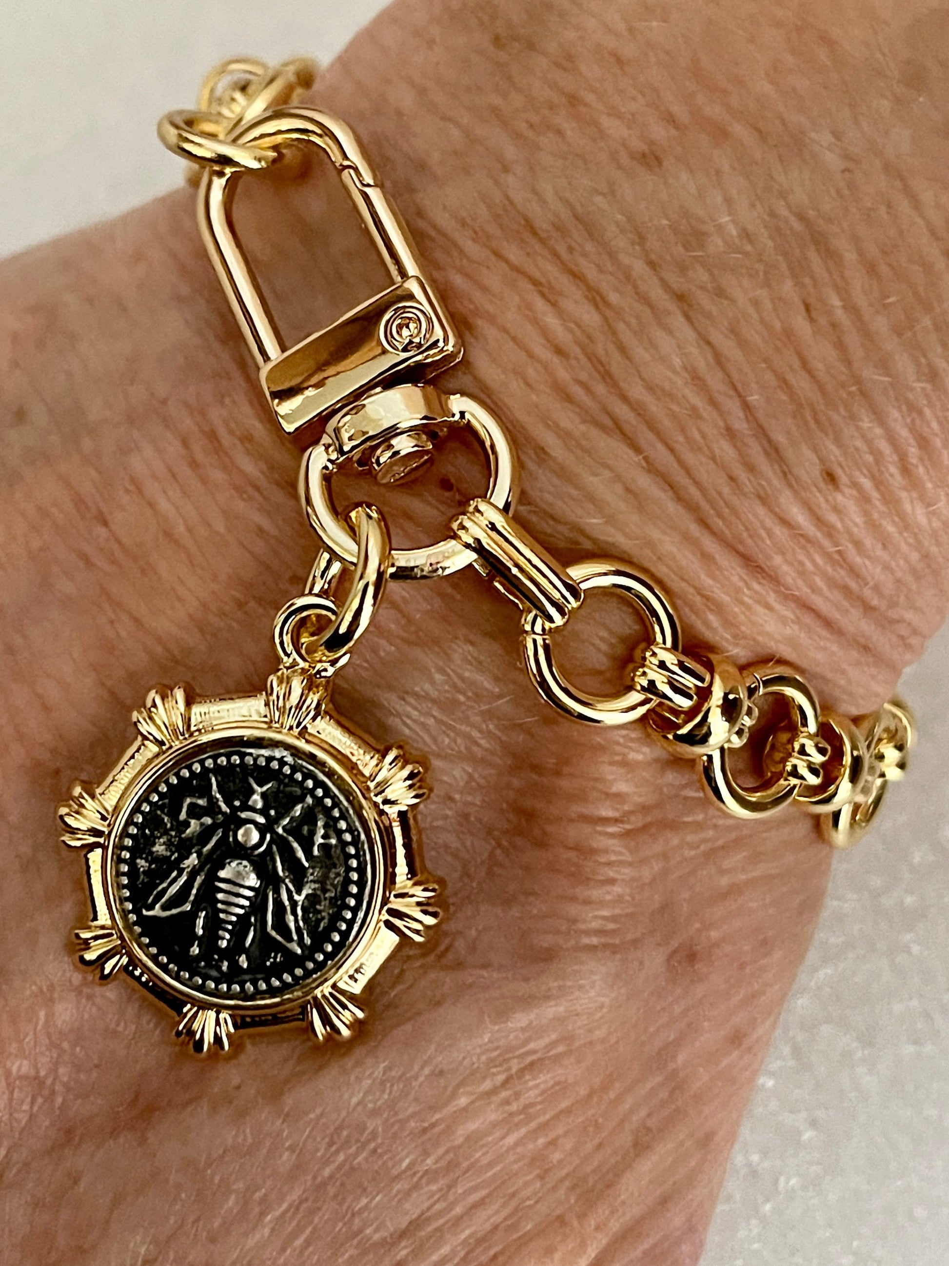 Gold Chunky Chain Bracelet-French Bee Petite Coin Charm-Specialty Cable Chain-Reproduction Medal- Carabiner Spring Clasp- Gift For Her