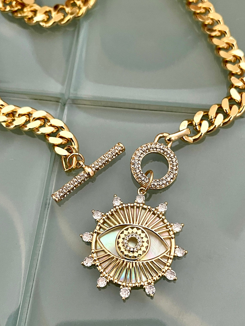 Chunky Gold Miami Cuban Necklace-CZ Evil Eye Pendant-CZ Toggle Clasp Necklace -Statement Necklace-Gift For Her