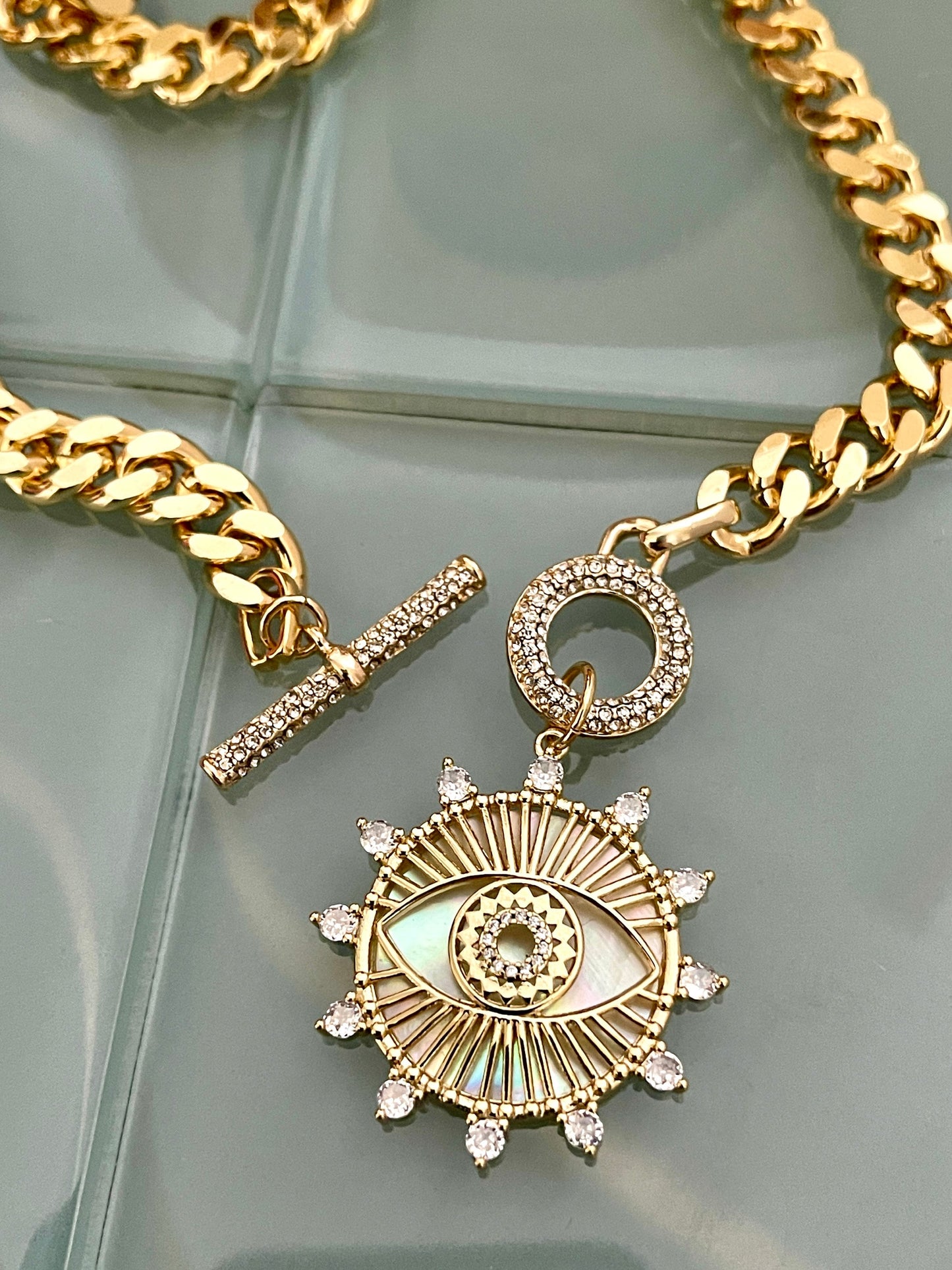 Chunky Gold Miami Cuban Necklace-CZ Evil Eye Pendant-CZ Toggle Clasp Necklace -Statement Necklace-Gift For Her