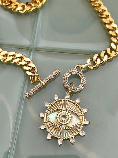 Chunky Gold Miami Cuban Necklace-CZ Evil Eye Pendant-CZ Toggle Clasp Necklace -Statement Necklace-Gift For Her