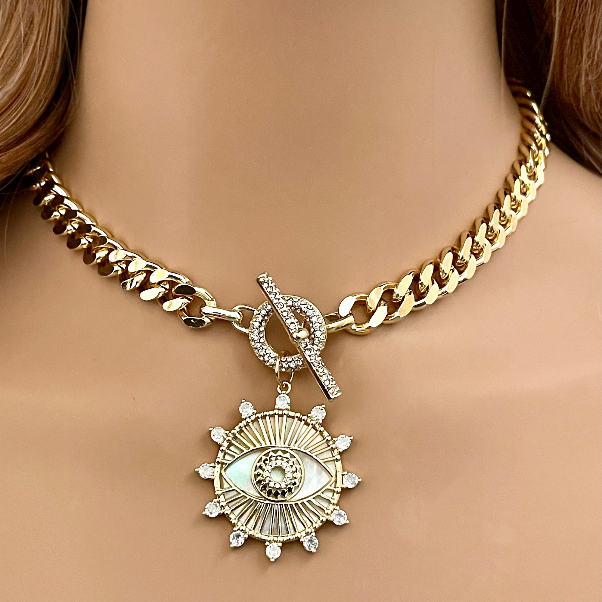 Chunky Gold Miami Cuban Necklace-CZ Evil Eye Pendant-CZ Toggle Clasp Necklace -Statement Necklace-Gift For Her