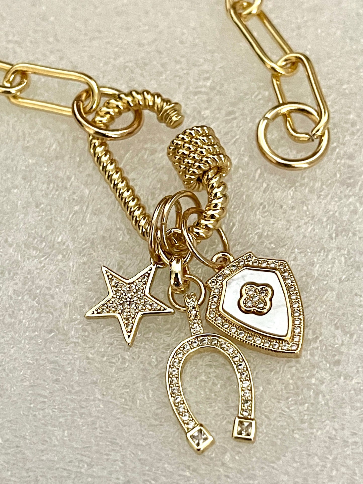 Gold Paperclip Chain-Charm Necklace-Rope Design Carabiner-Screw Clasp-3 Micro Pave CZ Charms-Star Charm-Horseshoe Charm-Crest Clover Charm