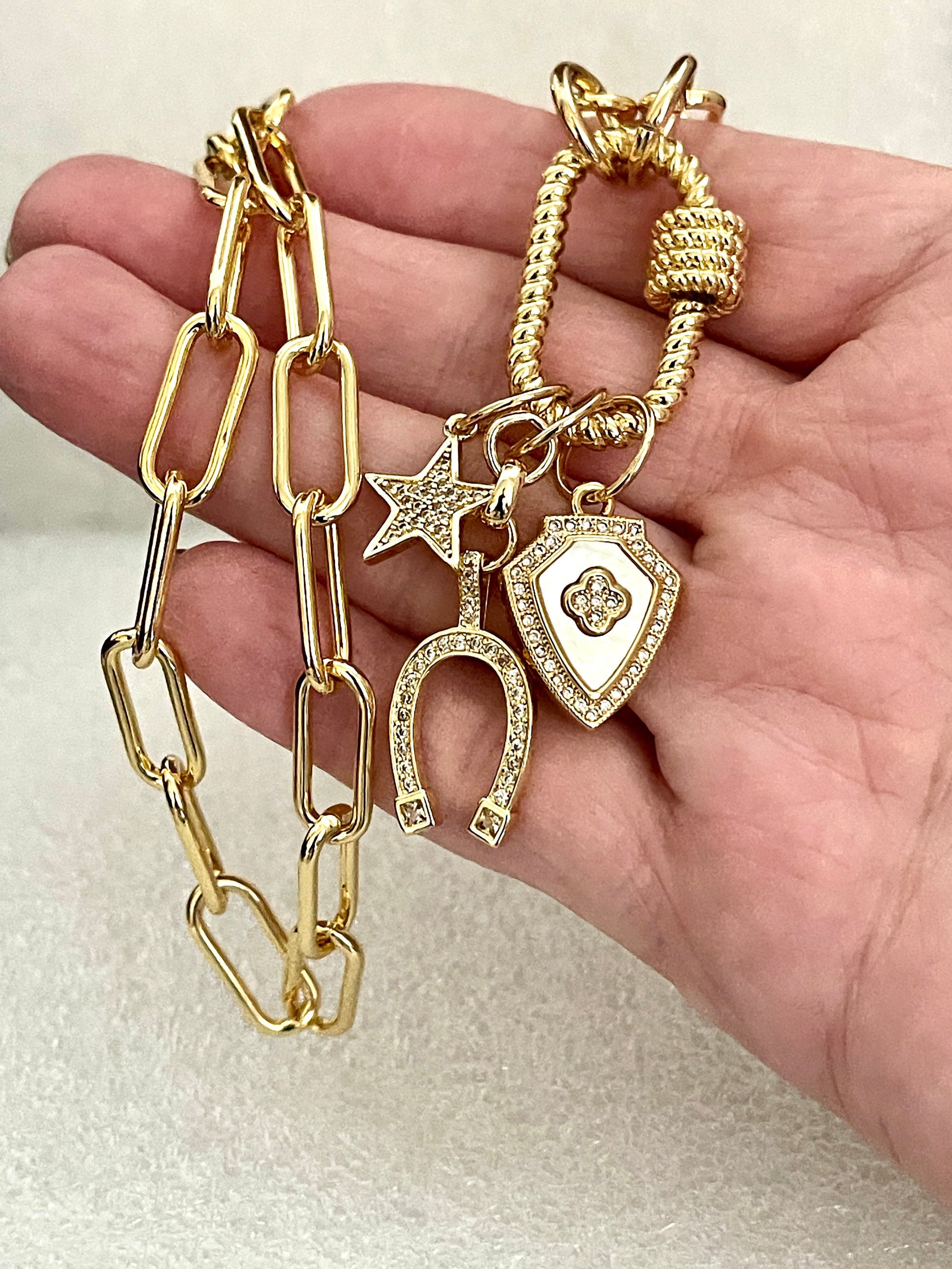 Gold Paperclip Chain-Charm Necklace-Rope Design Carabiner-Screw Clasp-3 Micro Pave CZ Charms-Star Charm-Horseshoe Charm-Crest Clover Charm